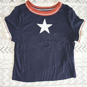 Navy Blue Star T-Shirt with Red Trim Cropped Knit Medium
